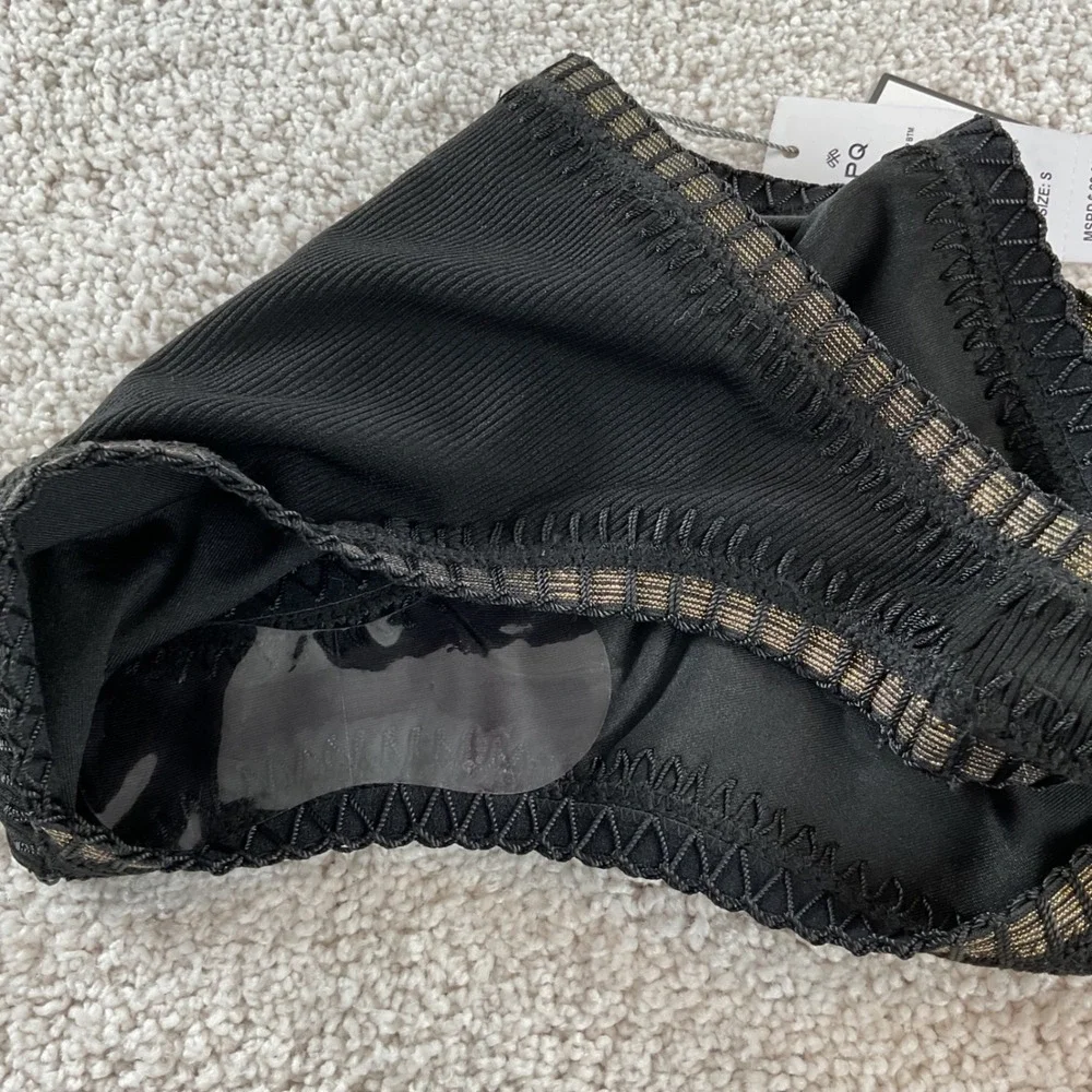 PQ Swim Platinum Black Gold Crochet Scoop Bikini Bottom Ribbed Women's Small NEW